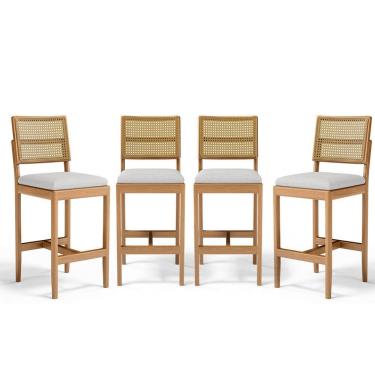 Imagem de Kit Com 4 Banqueta Milena Madeira Maciça Assento Estofado Encosto De Tela Palha Sextavada