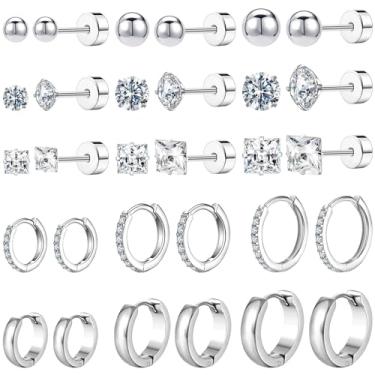 Imagem de NEWITIN 15 Pares De Brincos Pequenos Prata Hipoalergênicos Para Mulheres, Banhados A Ouro Branco 14K, Aço Inoxidável, Incrustados Com Zircônia Cúbica Transparente, Conjunto Argola Cartilagem