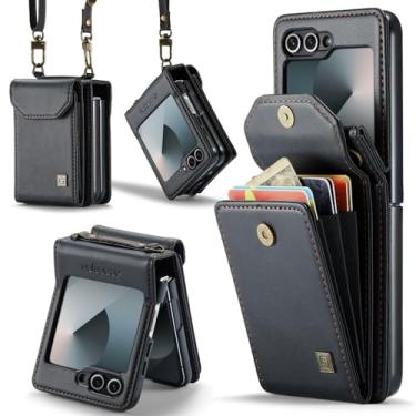 Imagem de XKchatpt Capa para Samsung Galaxy Z Flip 6, carteira transversal com suporte para cartão com bloqueio de RFID, alça de couro PU, capa protetora à prova de choque para Samsung Galaxy Z Flip 6 (preto)