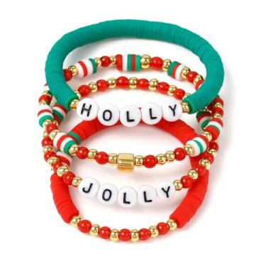 Imagem de EQUBIO Pacote com 5 pulseiras de contas de Natal para mulheres, HOLLY & JOLLY Polymer Clay Heishi/Conjunto de contas de sementes com contas de cobre banhadas a ouro, elástico elástico, empilhável, em