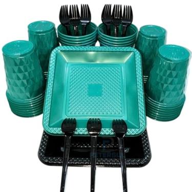 Imagem de Kit 260 Itens Descartaveis Festa Aniversário Prato Quadrado Diamante Plástico Colorido Perolado Candy Pastel (Preto Verde Perolado)