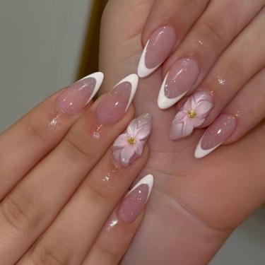 Imagem de Unhas postiças brancas francesas de amêndoa média com design de glitter de flor 3D Exquiste cobertura completa cola acrílica falsa em unha para mulheres, 24 peças