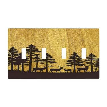 Imagem de Naiqadnehz Placa de cobertura para interruptor de luz, floresta, veado, pinheiro, grão de madeira, 4 gangues, quadriciclo, placa de parede, capa de tomada elétrica, capas decorativas para quarto