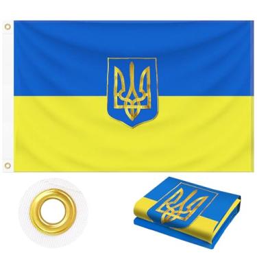 Imagem de Bandeira da Ucrânia 9,5 cm x 1,5 m resistente ao ar livre, emblema tridente bordado com listras azuis e amarelas | Tecido 210D | Ilhós de latão e bainha de 4 pontos | Bandeira UA do país da Ucrânia
