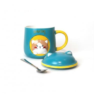 Imagem de Caneca Gatinho Verde 3D Porcelana com Tampa e Colher