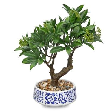 Imagem de Bonsai artificial, árvore de bonsai pequena louro louro 33 cm para interior bonsai planta em vaso falso decorativo decoração de plantas falsas com vaso de cerâmica azul e branco para casa, escritório