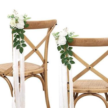 Imagem de Conjunto de 10 decorações de cadeira de corredor de casamento com flores de banco, decoração ao ar livre com flores artificiais eucalipto e fitas, branco