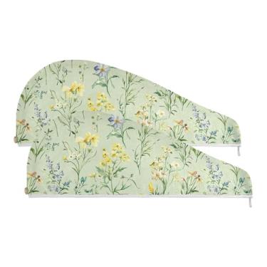 Imagem de SEHANY Toalha de cabelo de microfibra elegante flores verdes para mulheres 2 peças turbantes de cabelo de secagem rápida com botão, touca de cabelo seco absorvente toalha de secagem de cabelo para