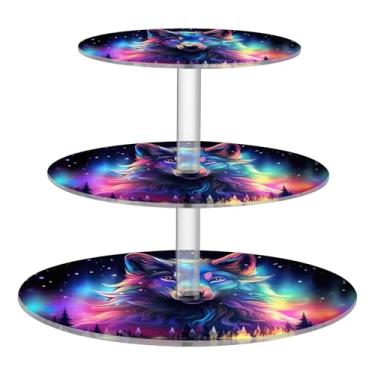 Imagem de Blueangle Suporte redondo de cupcake de 3 camadas – Torre de sobremesa de acrílico Aurora Boreal Lobo, suporte de sobremesa em camadas antiderrapante para chá de bebê, aniversário, festa de casamento
