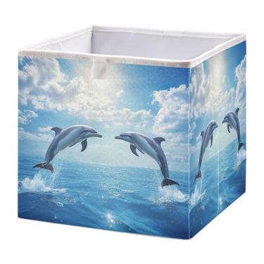 Imagem de SEHANY Caixa de armazenamento dobrável com golfinhos saltadores, organizador de tecido grande, dobrável, para roupas, brinquedos, livros, armário, berçário, 28 x 28 x 28 cm