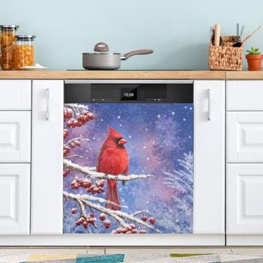 Imagem de ATTX Capa de ímã de lava-louças de pássaro cardeal de inverno, 58 cm C x 66 cm A decoração da capa da máquina de lavar louça, decalques de armário doméstico adesivos de eletrodomésticos #93