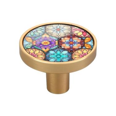 Imagem de Blueangle Pacote com 4 puxadores de armário de azulejos têxteis orientais coloridos 3 cm puxadores redondos de gaveta para cômoda e armários de cozinha (434)