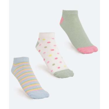 Imagem de Kit 3 Pares Meias Soquete Feminina Estampadas Marisa-89457, 34/39, Bra