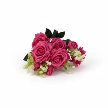 Imagem de Buquê de Rosas Artificiais com Folhagem – 5 Rosas + 5 Botões | Flor Artificial Decorativa para Vaso, Arranjos, Sala e Casamento(Rosa Pink)