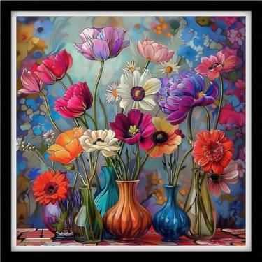 Imagem de DMCVIVR Kits de ponto cruz estampado para iniciantes e adultos, kits de bordado para iniciantes, kit de cruz para iniciantes 11 ct - vaso de flores colorido 45,7 x 45,7 cm