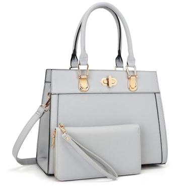 Imagem de Conjunto de bolsa feminina bolsa de ombro bolsa de ombro bolsa de trabalho bolsa transversal combinando carteira 2 peças, Cinza, Large, 1166