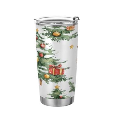 Imagem de YETTASBIN Copo de árvore de Natal com tampa de palha, copo de aço inoxidável de 590 ml, parede dupla, isolada a vácuo, caneca de café de viagem para bebidas quentes e frias