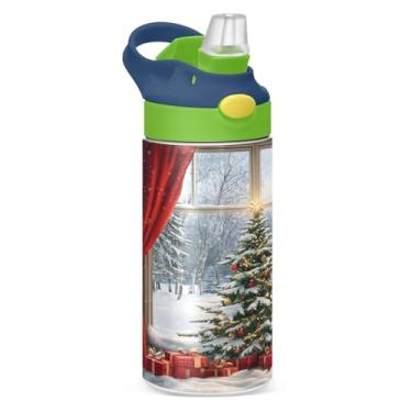 Imagem de YETTASBIN Garrafa de água de árvore de Natal para crianças, 340 g, à prova de vazamento, parede dupla, isolada, garrafa de água de aço inoxidável, copo de viagem com tampa de canudo para meninas