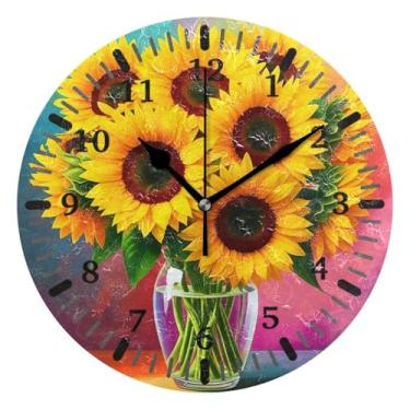 Imagem de CEBUGI Girassóis relógio de parede operado a bateria relógios redondos silenciosos sem tique-taque relógios de parede para cozinha, banheiro, quarto, escritório, decoração 25,4 cm