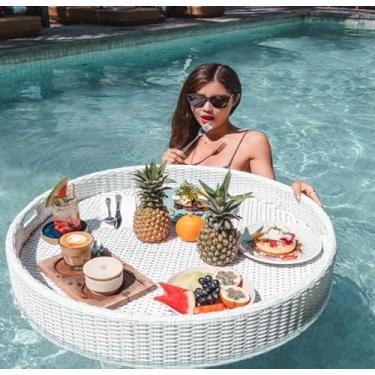 Imagem de Bandeja de servir em tecido de vime, mesa flutuante para piscina, disco flutuante de superfície de água, bandeja de café da manhã flutuante multifuncional, prato de comida flutuante para festa ao ar