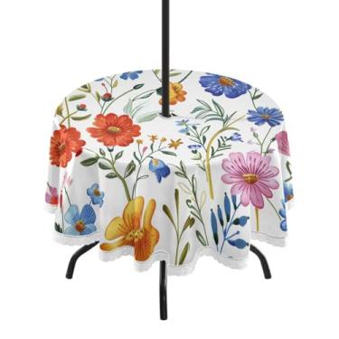 Imagem de CEBUGI Toalha de mesa redonda para uso externo, floral, impermeável, com orifício Umberlla, capa de mesa lavável para pátio, cozinha, sala de jantar, 152 cm