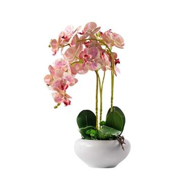 Imagem de LMJYU Flores artificiais rosa phalaenopsiscial orquídeas flores brancas vaso de cerâmica interior flores falsas hotel casamento decoração vaso de flores falsas conjunto interessante