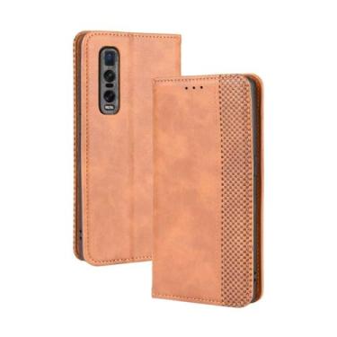 Imagem de Capa flip de couro para OPPO Find X2 Pro,Flip magnético retro,Caso de telefone de couro PU,Design de carteira com 3 slots de cartão e 1 clipe de dinheiro -Brown