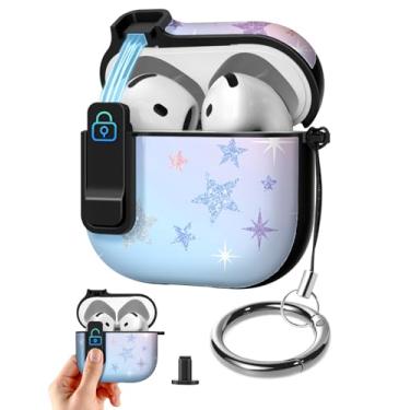 Imagem de Joyleop Capa para Airpods 4 – com trava de segurança linda feminina feminina estética bonita capa protetora contra choque rígido com chaveiro para AirPods 4ª geração 2024, estrelas coloridas
