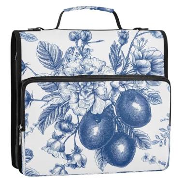 Imagem de CEBUGI Fichário de 3 anéis com zíper com alça de ombro, pasta de arquivo expansível de 3,8 cm, anéis D, para escola, escritório, buquê azul retrô