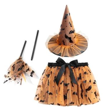 Imagem de SZRXKJ Saia de tule para meninas com padrão de caveira chapéu de bruxa e varinha fantasia de bruxa conjunto de Halloween (laranja, M)