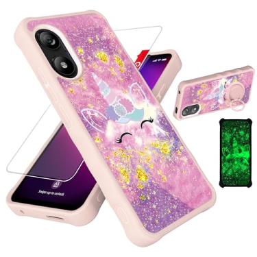 Imagem de jioeuinly Capa para celular Foxx FOXXD A67W compatível com Foxx FOXXD A67W Lite [com protetor de tela de vidro temperado][PC rígido + silicone macio][suporte para anel] [glitter dourado + luminoso