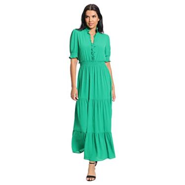 Imagem de London Times Vestido midi feminino Petite Smocked Puff SLV Ruffle Nk em camadas, Verde joia, 48