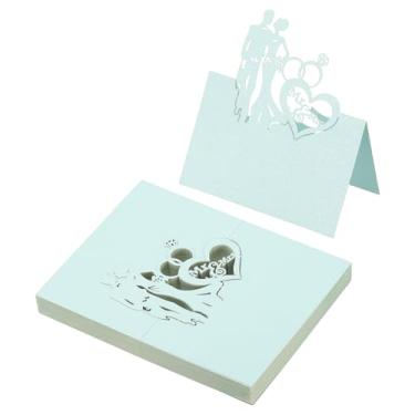 Imagem de PATIKIL 50 peças de cartões de casamento, cartões de nome, papel com glitter, etiquetas de assento dobradas para mesa, buffet, recepção, jantar, festa, azul claro