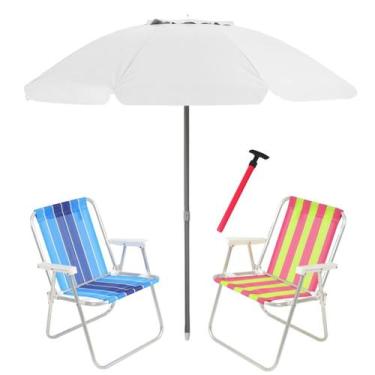 Imagem de Kit Praia 2 Cadeira Alta Guarda Sol 2,4m Bagum Branco Saca Areia Press