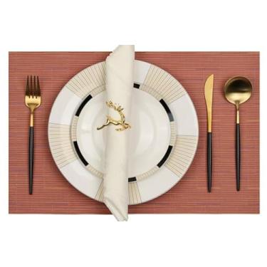 Imagem de DYLQYL Jogo americano conjunto de 4 tapetes de mesa de vinil laváveis – tapetes de mesa resistentes ao calor e antiderrapantes para refeições internas/externas (4, textura de bambu D-laranja)