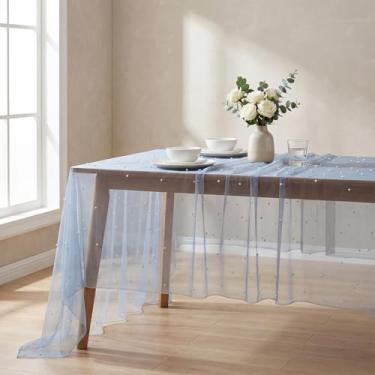 Imagem de Horaldaily Toalha de mesa de gaze azul pérola branca 132 × 178 cm, retangular, primavera verão, tule renda, toalha de mesa de chá de noiva, para decoração de mesa de aniversário de casamento