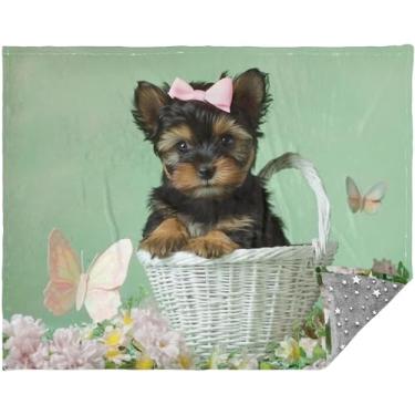 Imagem de TSENQUE Cobertor personalizado Yorkshire Terrier filhote de cachorro verde cobertor essencial para mulheres padrão cobertores quentes 177,8 cm x 139,7 cm
