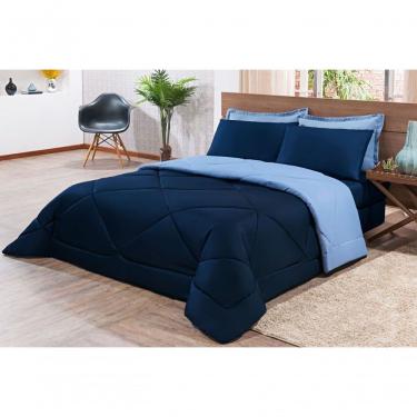 Imagem de Kit Edredom + Jogo De Lençol Aconchego Look House Casal Padrão 6 Peças 80% Algodão , 20% Poliéster- Azul Marinho E Azul