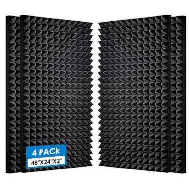 Imagem de Pacote com 4 painéis de espuma acústica projetados em pirâmide de 121 x 61 cm, painéis de espuma à prova de som, painéis acústicos de alta densidade e resistentes ao fogo, espuma de estúdio para