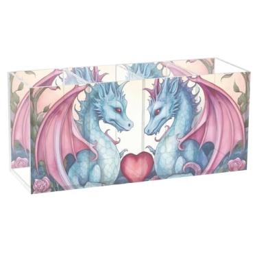 Imagem de TSENQUE Porta-lápis personalizado divertido para mesa fofo Valentine Dragons Love Marker Caddy acrílico papelário copo organizador
