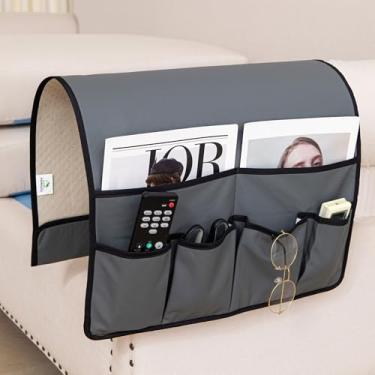 Imagem de HAOMAIJIA Organizador de apoio de braço antiderrapante para sofá, cadeira de cabeceira, organizador de armazenamento para sofá reclinável com 6 bolsos para controle remoto de TV de celular (cinza