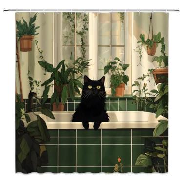 Imagem de Cortina de chuveiro de gato preto engraçado gatinho fofo na banheira planta tropical em vaso folhas de palmeira verde casa de estimação animal de estimação decoração de banheiro cortinas de poliéster