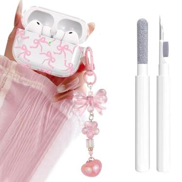 Imagem de Aircawin Capa transparente para Airpods Pro 3, linda gravata borboleta feminina kawaii, estampa de fita para Airpods Pro 3ª geração, capa de TPU macio com laço de flor, coração e caneta de limpeza