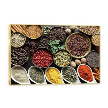 Imagem de Moldura dourada. Arte de parede em tela de especiarias coloridas e colher de tempero | Decoração de cozinha vintage | Arte moderna para casa e sala de jantar. C31. 60 x 90 cm - 23,7 x 35,5 pol