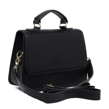 Imagem de Bolsa Feminina Elegante, Alça Transversal, Couro Sintético Preto, Detalhes Dourados, Estilo Clássico (Preto)