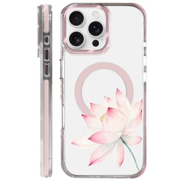 Imagem de casesok Capa para iPhone 16 Pro Max compatível com Magsafe, design estético claro bonito para meninas e mulheres, capa rígida protetora antiqueda para iPhone 16 Pro Max-Lotus Flower