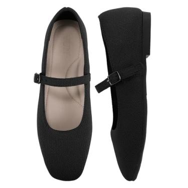 Imagem de VUN Sapatilhas de malha femininas – Sapatilhas de balé de bico quadrado com alça ajustável no tornozelo e suporte de arco, sapatos Mary Jane para escritório elegante e conforto casual, Preto, 34