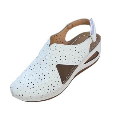 Imagem de Sandálias femininas casuais vazadas de bico redondo com plataforma salto plataforma respirável confortável calçado para uso diário, Branco, 39