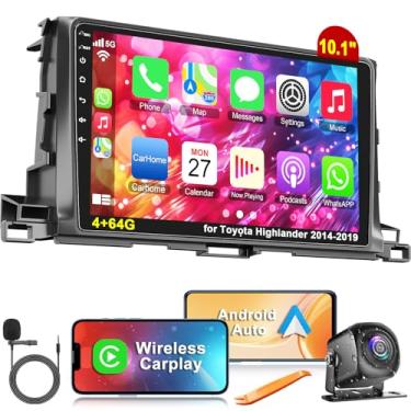 Imagem de Rádio estéreo 4G + 64G para Toyota Highlander 2014-2019, carro sem fio e Android Auto com Android 12 compatível com Bluetooth/controle de voz/GPS/WiFi/SWC/FM, tela sensível ao toque IPS de 10,1
