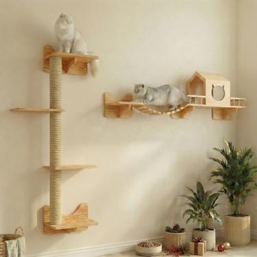 Imagem de NOVGOBHOT Prateleiras de parede para gatos, prateleiras de escalada, conjunto de móveis montados na parede, prateleira com 1 casa, 1 escada de ponte, 3 postes para arranhar e 5 degraus